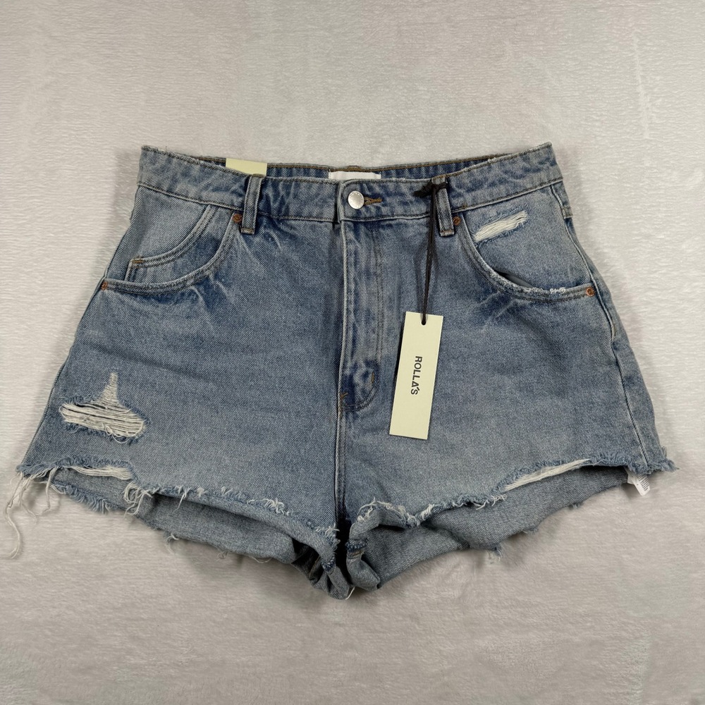 Rollas Dusters High Rise Slim Denim Shorts Sylvie Blue Distressed Size 31 NEW